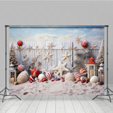 Aperturee Aperturee Coastal Christmas Photography Backdrop Beach Sand with Ornaments and Starfish White Picket Fence Photo Prop